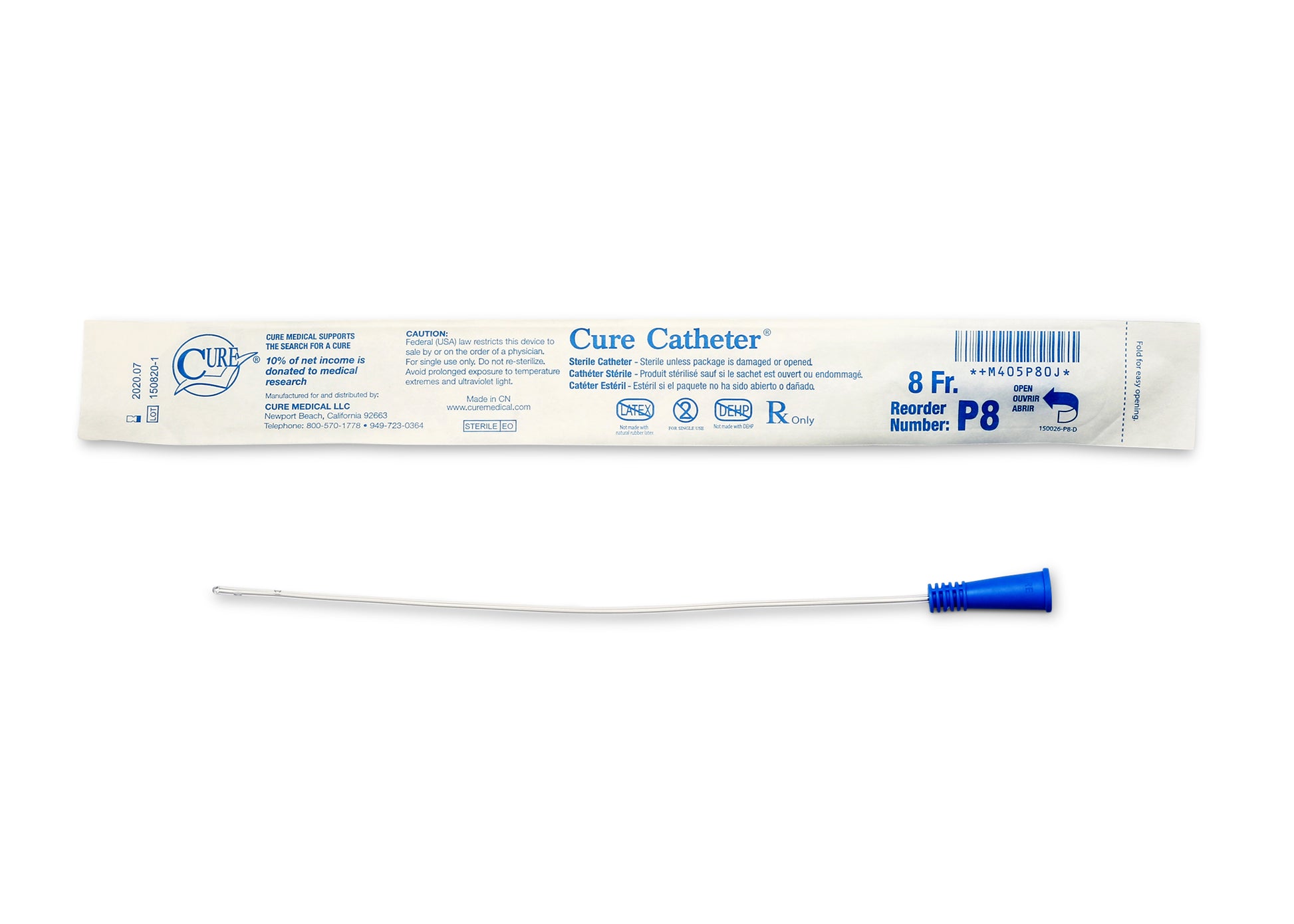 Cure Catheter Uncoated, Single, Pediatric, 10" Straight Tip, 8 FR
