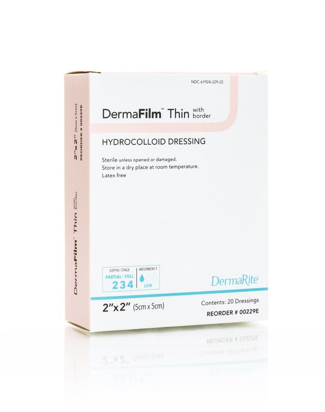 DermaFilm Hydrocolloid Wound Dressing, Thin with Border, 2" x 2" (Box of 20)