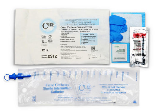 Cure Catheter Closed System Kit, Straight Tip with Integrated 1500mL Collection Bag, 12 FR