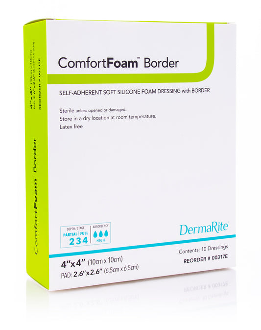 ComfortFoam Border Foam Wound Dressing with Soft Silicone Adhesive, 4" x 4"