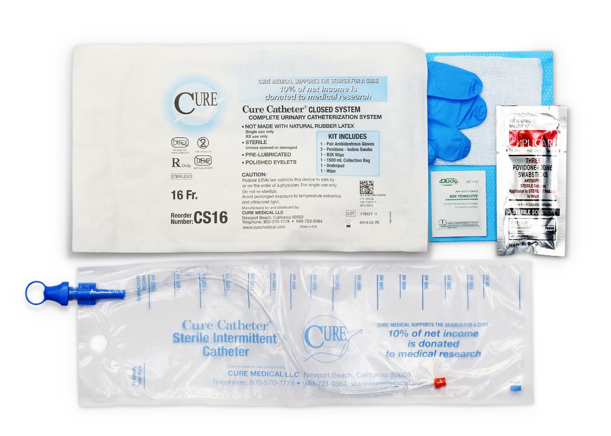 Cure Catheter Closed System Kit, Unisex, Straight Tip with Integrated 1500 mL Collection Bag, 16 FR (Case of 100)