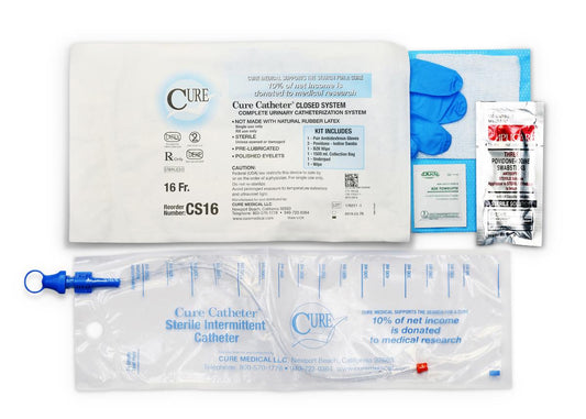 Cure Catheter Closed System Kit, Unisex, Straight Tip with Integrated 1500 mL Collection Bag, 16 FR (Case of 100)