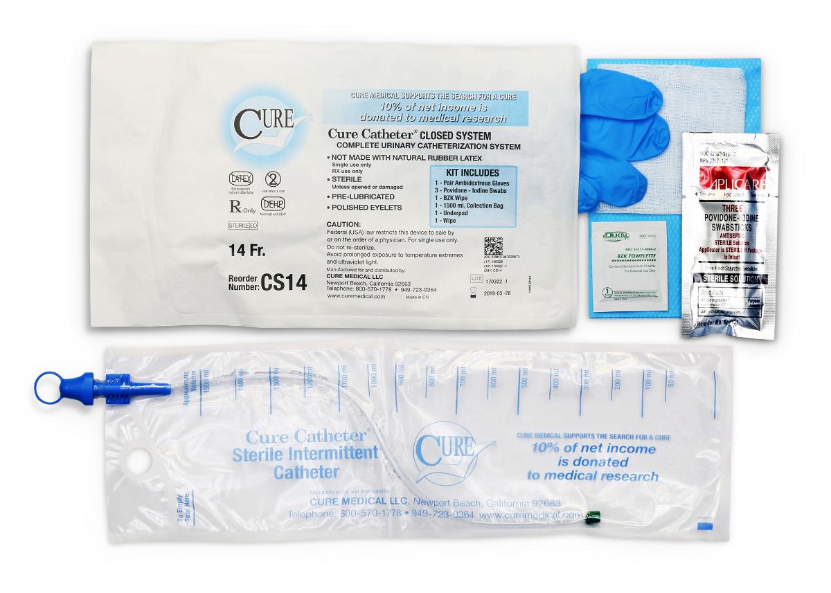 Cure Catheter Closed System Kit, Unisex, Straight Tip with Integrated 1500mL Collection Bag, 14 FR