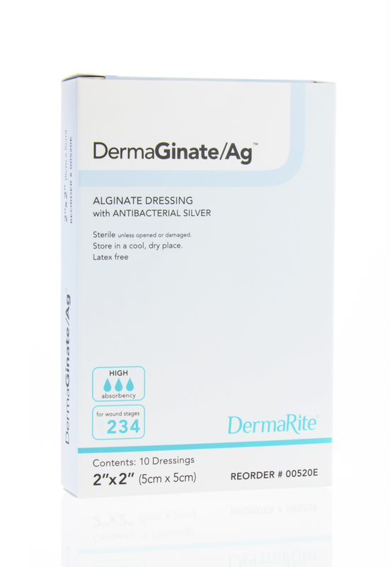 DermaGinate Ag Alginate Wound Dressing with Antibacterial Silver, 2" x 2" (Box of 10)