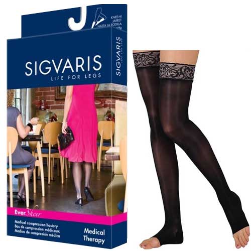 782N Style Sheer Thigh, 20-30mmHg, Open Toe, Large, Long, Black