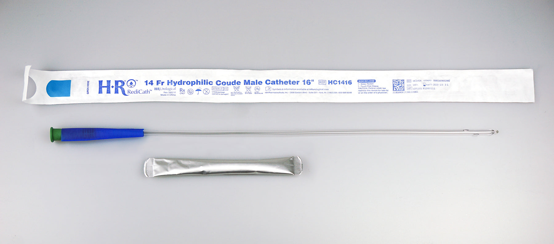 TruCath Hydrophilic Catheter with water bag and touch free sleeve, 14FR, 16" (Box of 30)