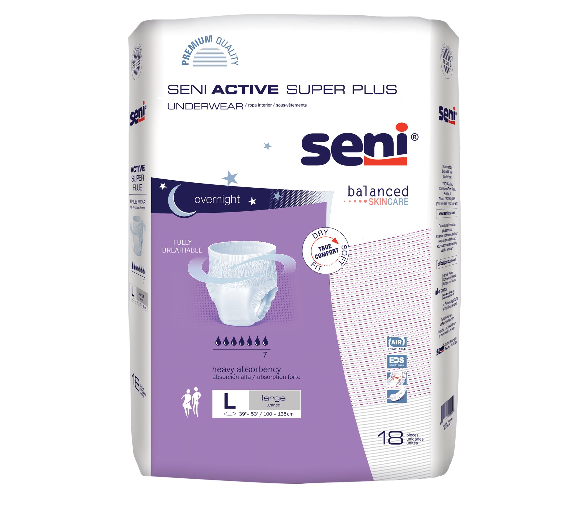 Seni Active Super Plus Pull-On Underwear, Large, 18 Count - 39" - 53" (Case of 72)
