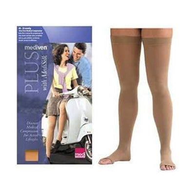 Mediven Plus Thigh-High with Silicone Band, 40-50, Petite, Open, Beige, Size 5