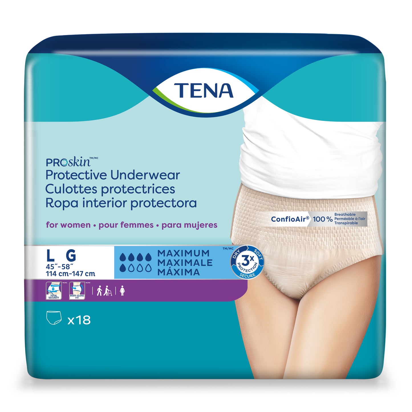 TENA ProSkin Protective Underwear for Women L, 45" - 58". (Case of 72)