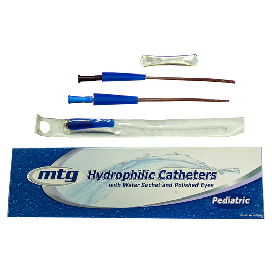 MTG Hydrophilic Straight Tip Pediatric Intermittent Catheter, 8 Fr, 10" Vinyl Catheter with Sterile Water Sachet and Handling Sleeve