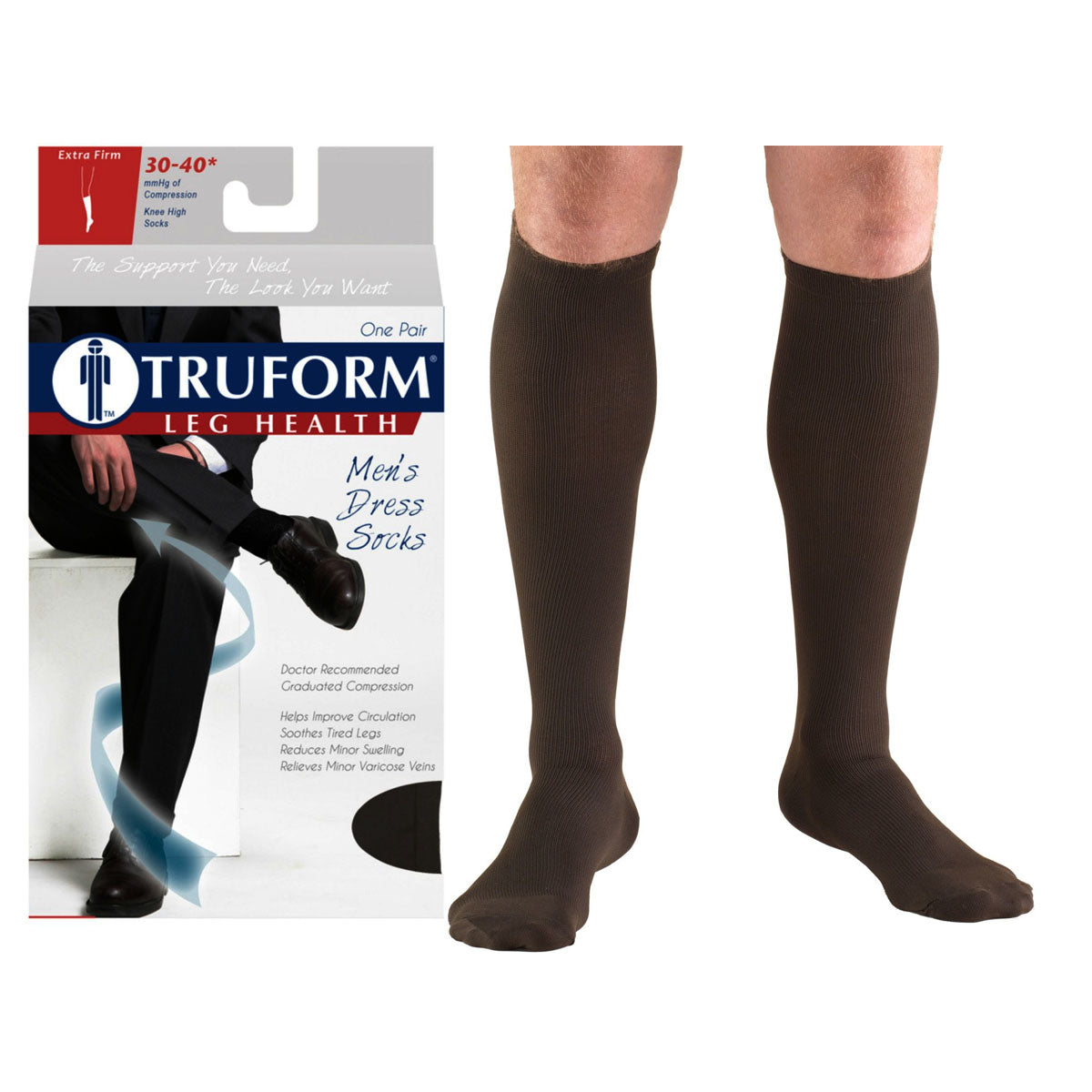 Truform Men's Dress Knee High Support Sock, 30-40 mmHg, Closed Toe, Brown, X-Large