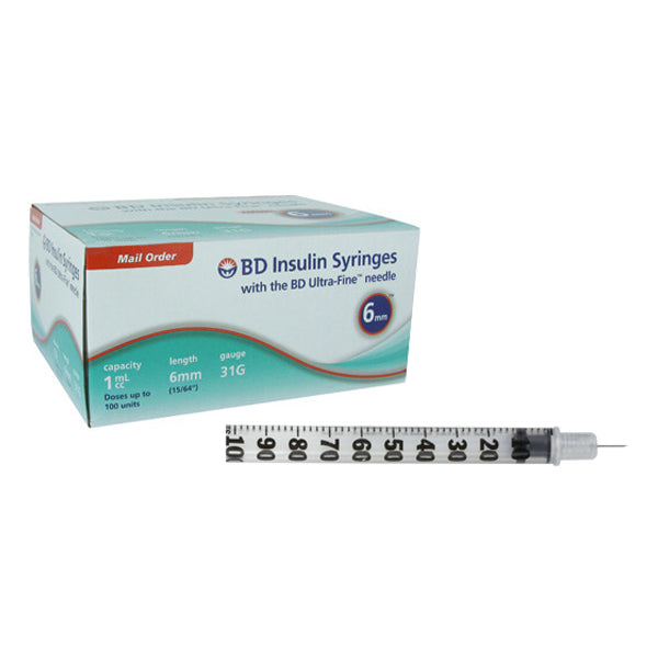 Ultra-Fine Insulin Syringe with Half-Unit Scale 31G x 6 mm, 1 mL (100 count) (Box of 100)