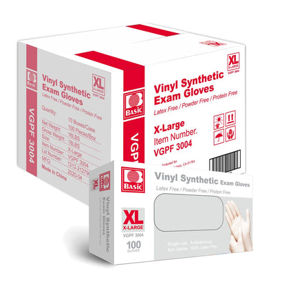 Basic Medical Clear Vinyl Exam Gloves - Latex-Free & Powder-Free - VGPF-3004 (Case of 1,000), Xtra Large